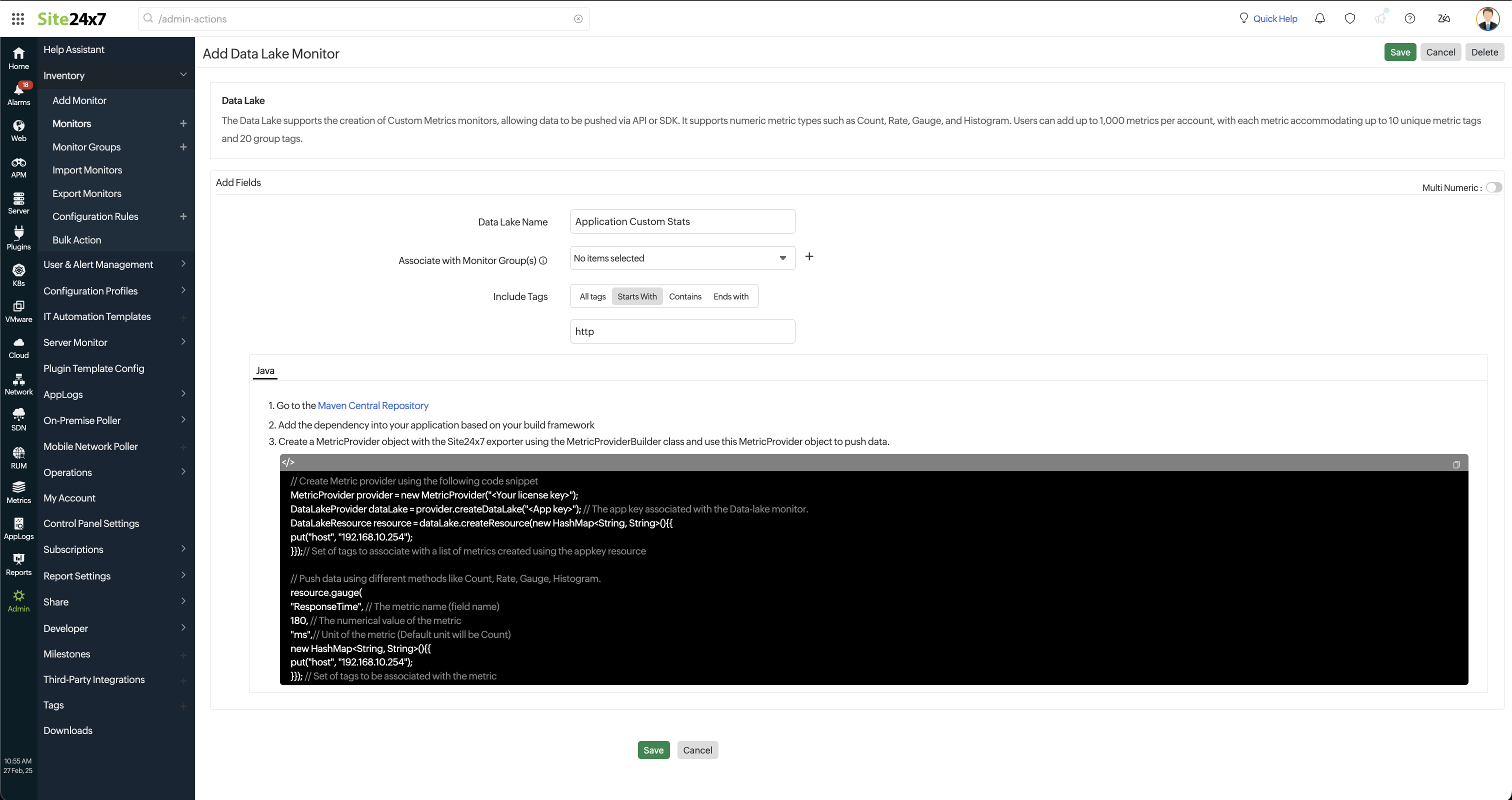 Add data lake monitor screen