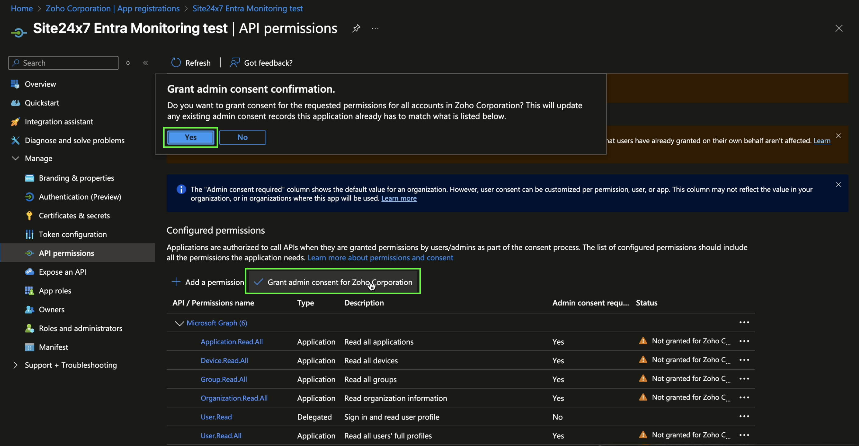 admin consent page in Azure