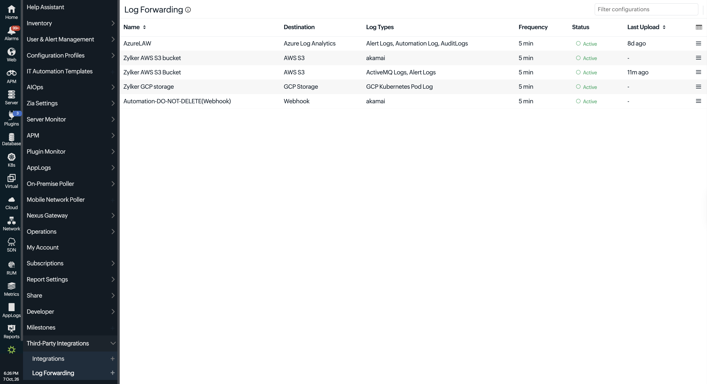 Azure Log Analytics log forwarding configurations Log forwarding configurations listing page