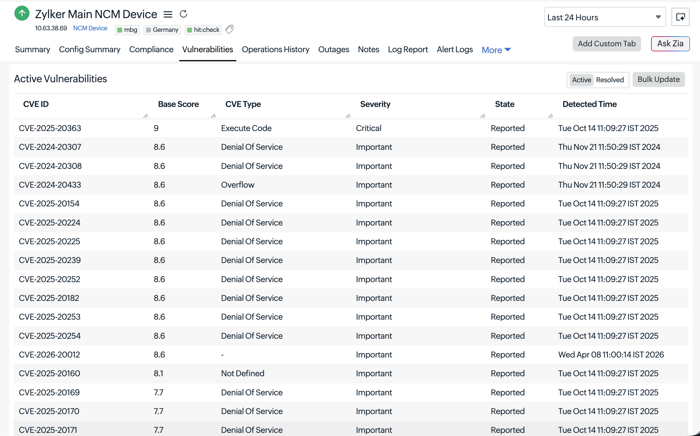 View firmware vulnerabilities in a device