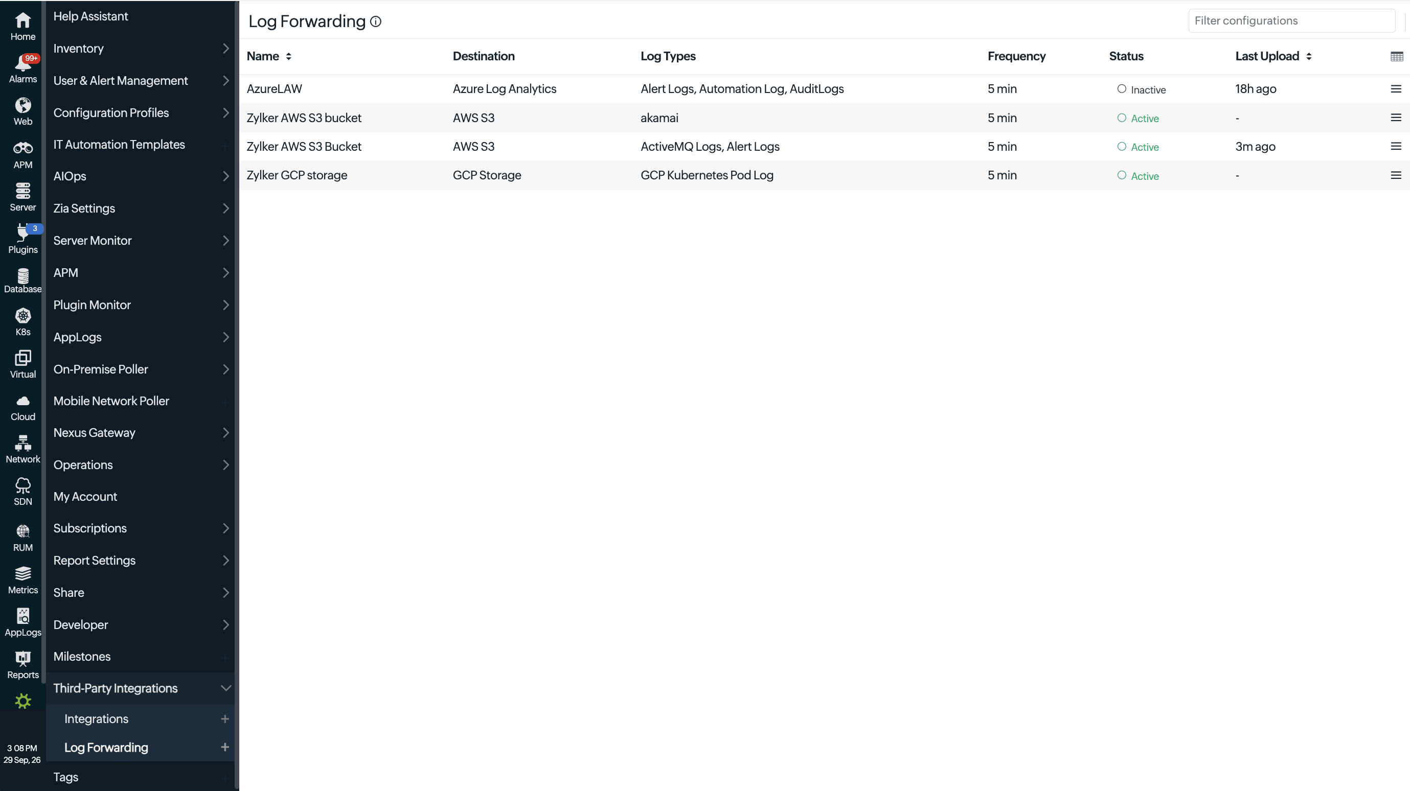 GCP storage log forwarding configurations Log forwarding configurations listing page