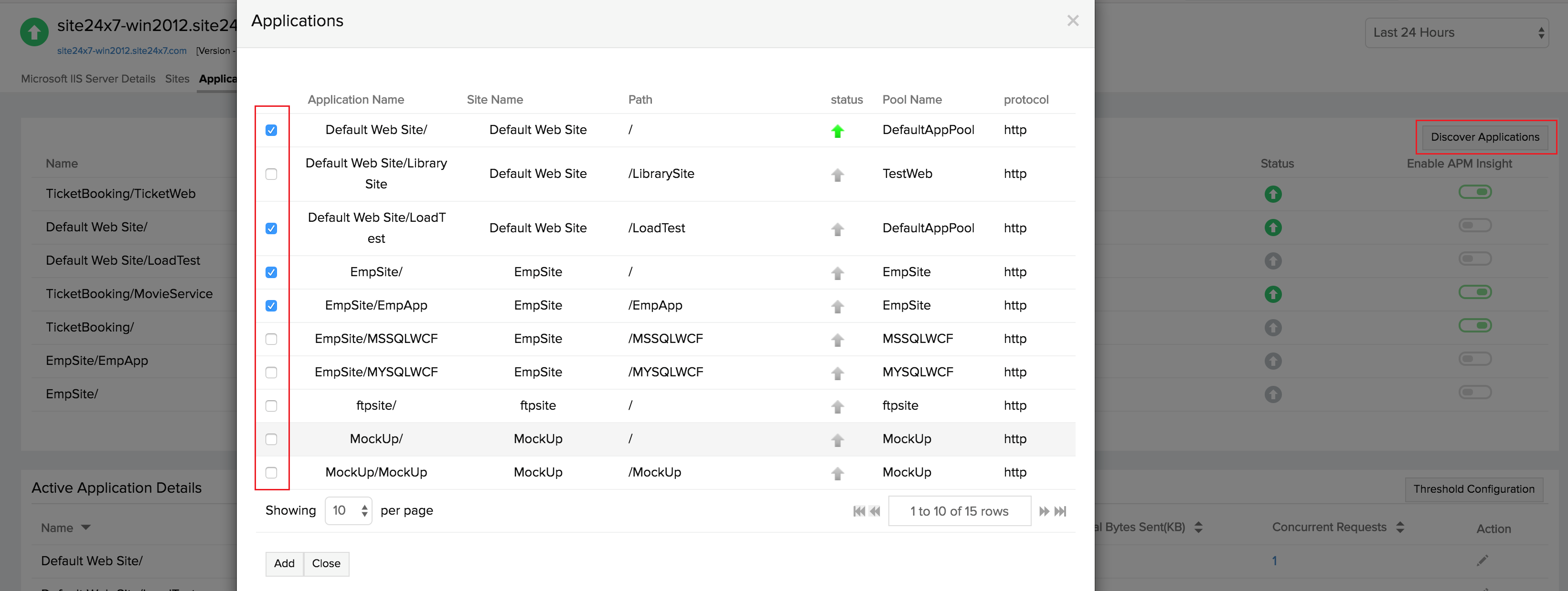 select applications for monitoring