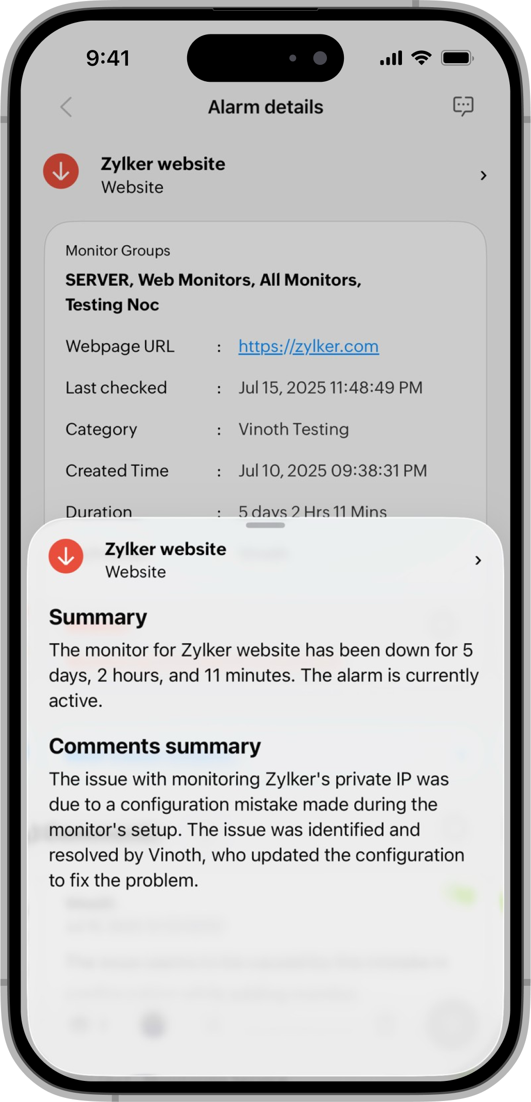 Alarm details comment summary