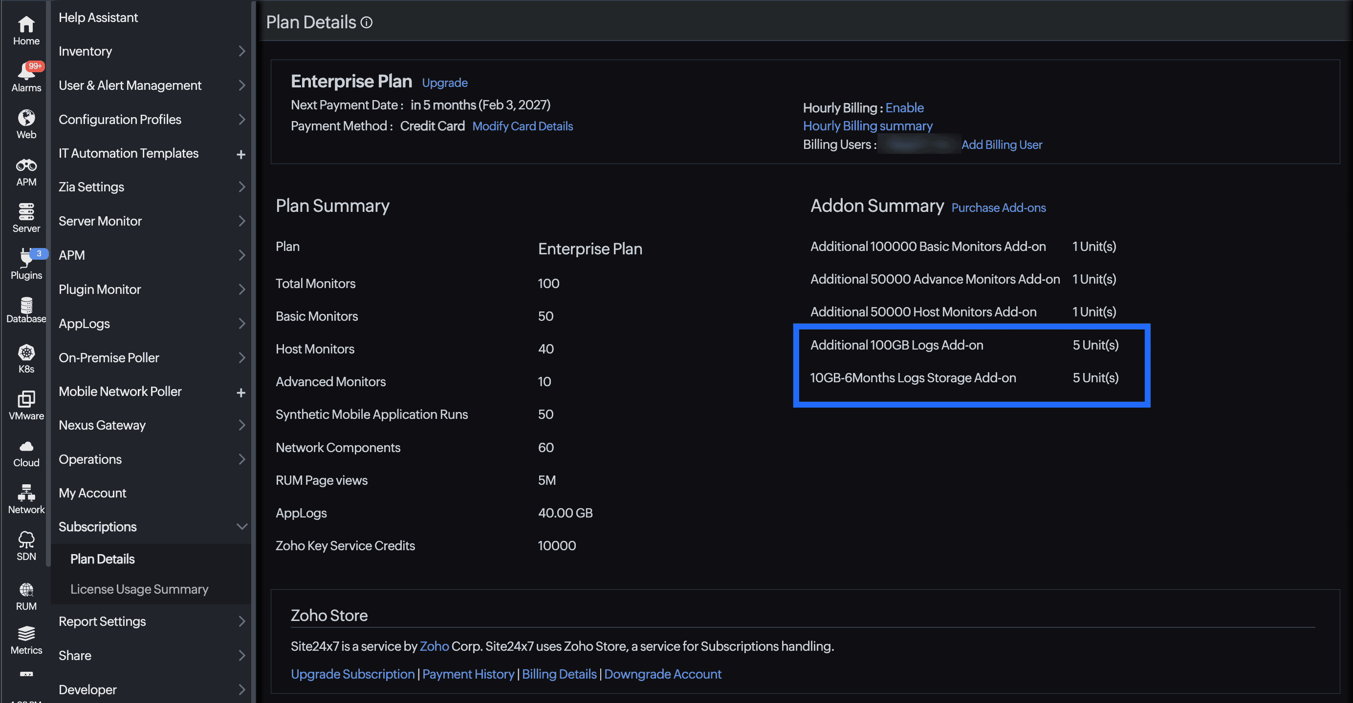 Subscription log plan details Log plan details