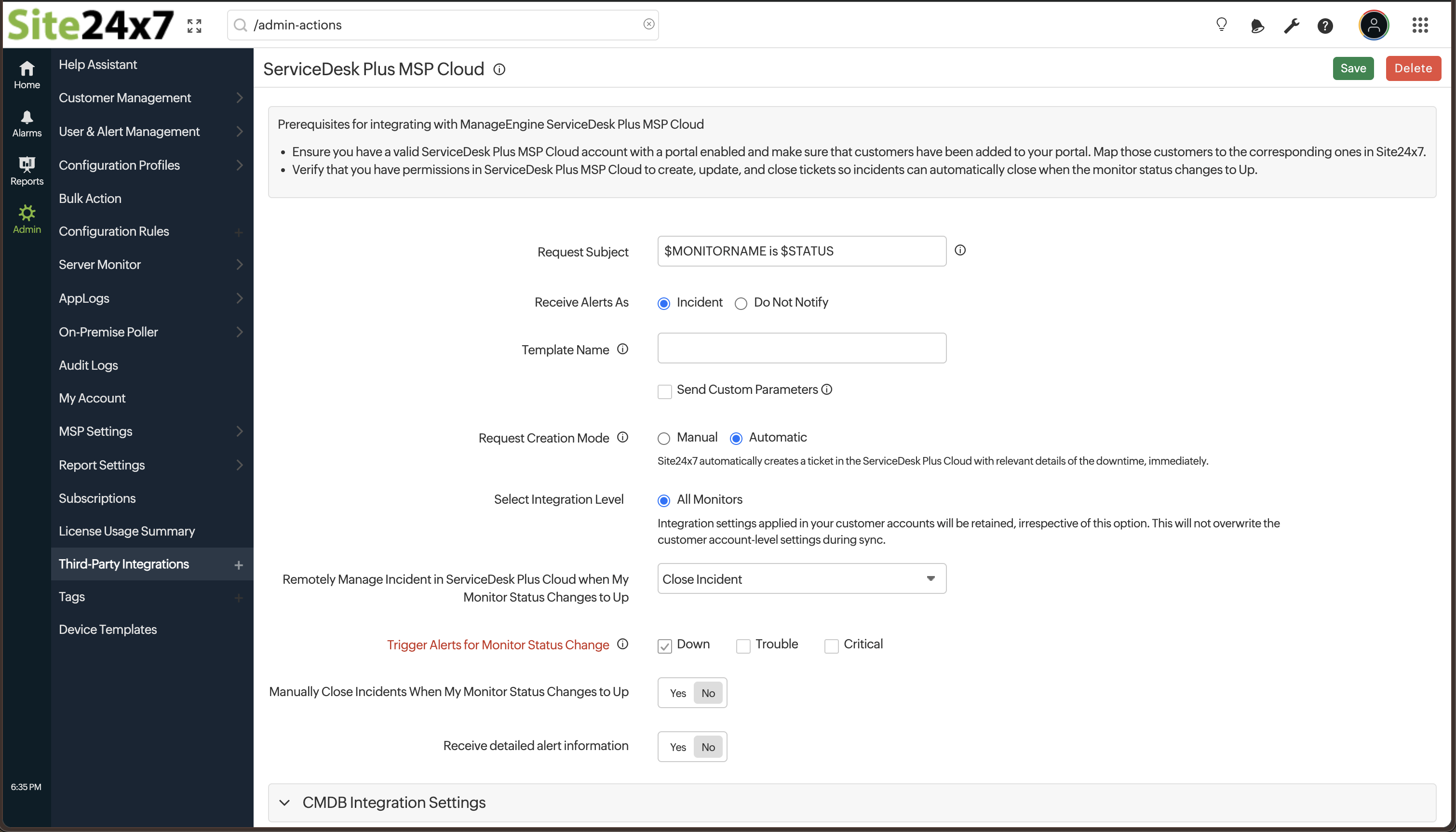 SDP MSP Cloud add integration