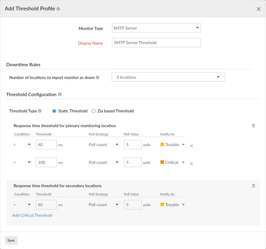 Learn how to configure threshold settings for an SMTP monitor