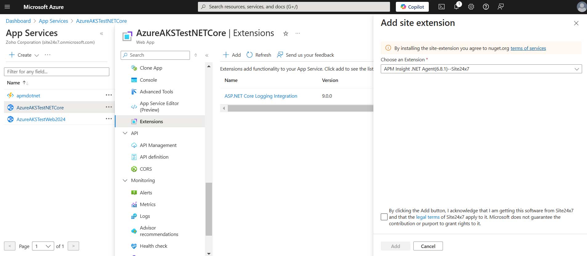 License agreement for installing APM Insight .NET agent 