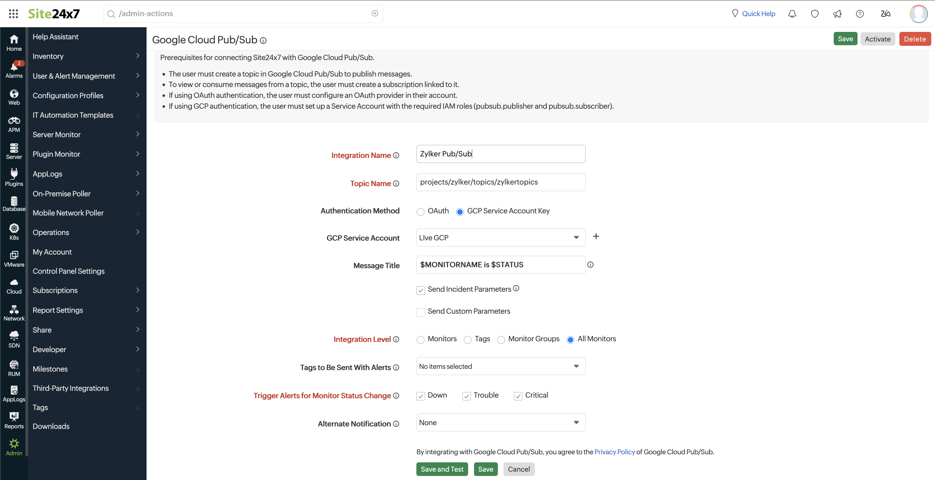 Google Cloud Pub/Sub integration page