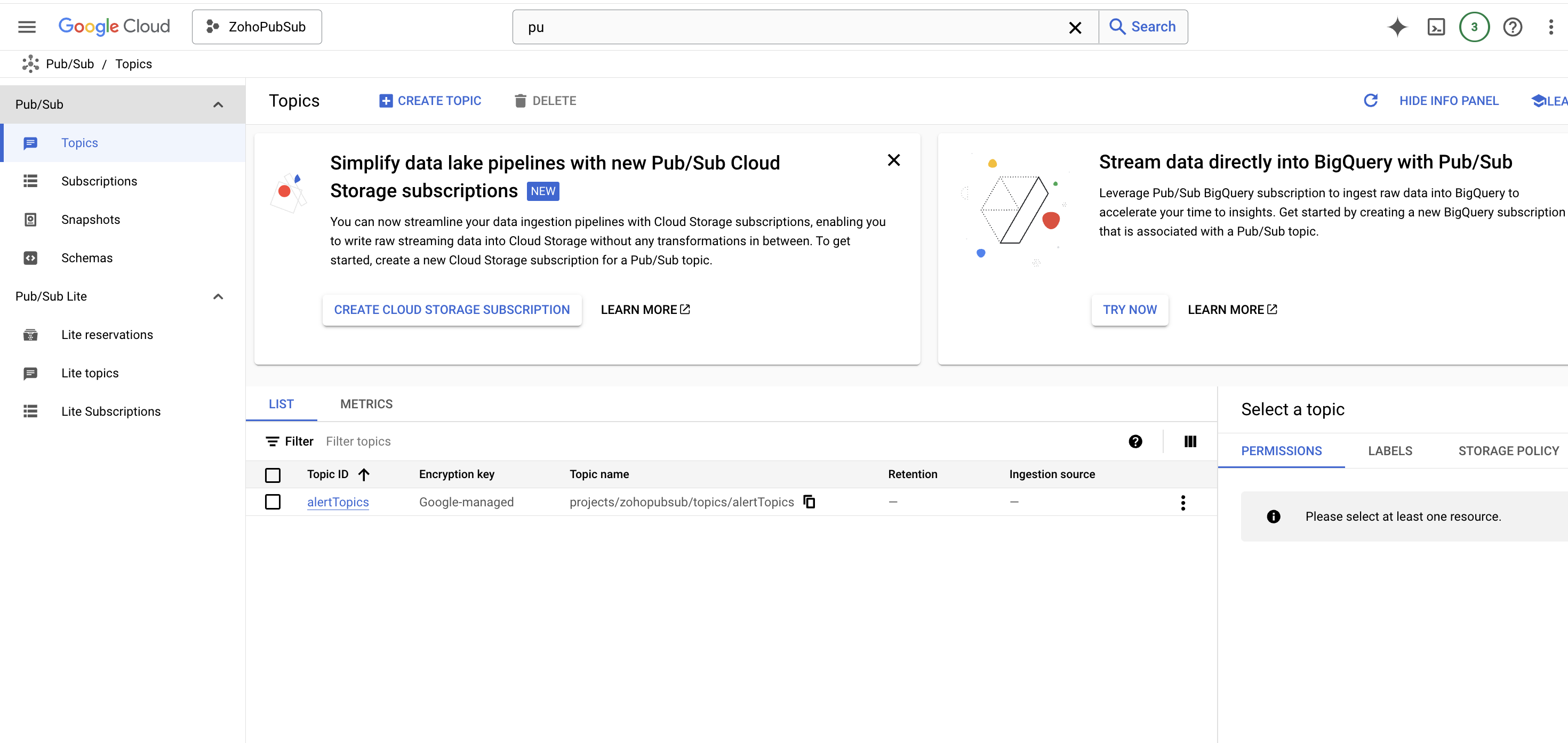 Google Cloud Pub/Sub Topics