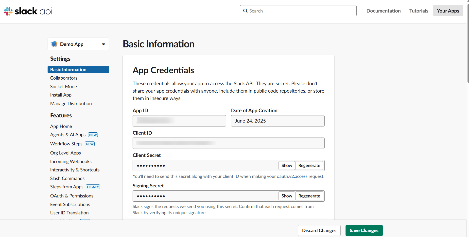 Slack App Credentials Slack App Credentials